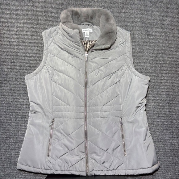 Calvin Klein Jackets & Blazers - Calvin Klein WomensGrey Faux Fur Trim Chevron Quilted Puffer Vest Large M2XT7492